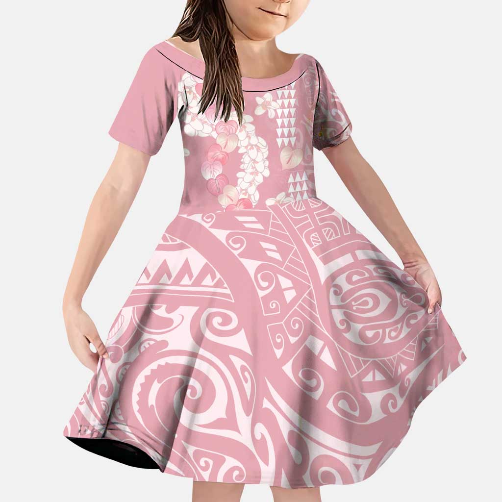 Soft Pink Hawaii Anthurium Plumeria Lei Family Matching Long Sleeve Bodycon Dress and Hawaiian Shirt LT9 Daughter's Dress Pink - Polynesian Pride
