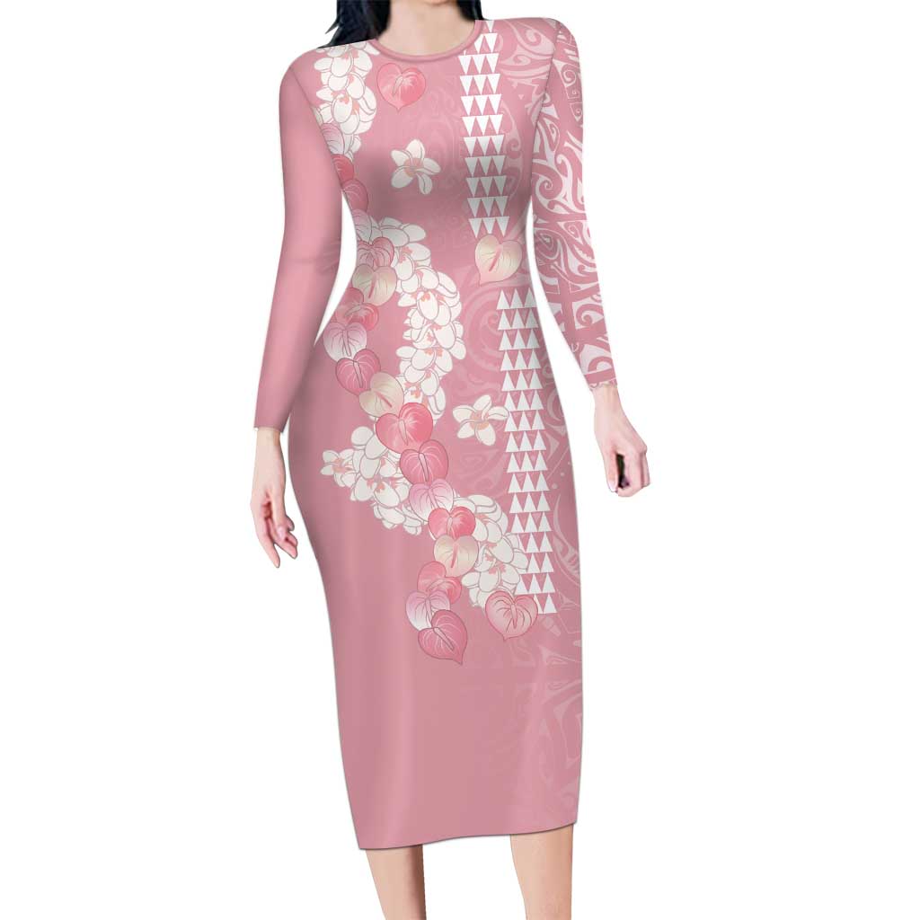 Soft Pink Hawaii Anthurium Plumeria Lei Family Matching Long Sleeve Bodycon Dress and Hawaiian Shirt LT9 Mom's Dress Pink - Polynesian Pride