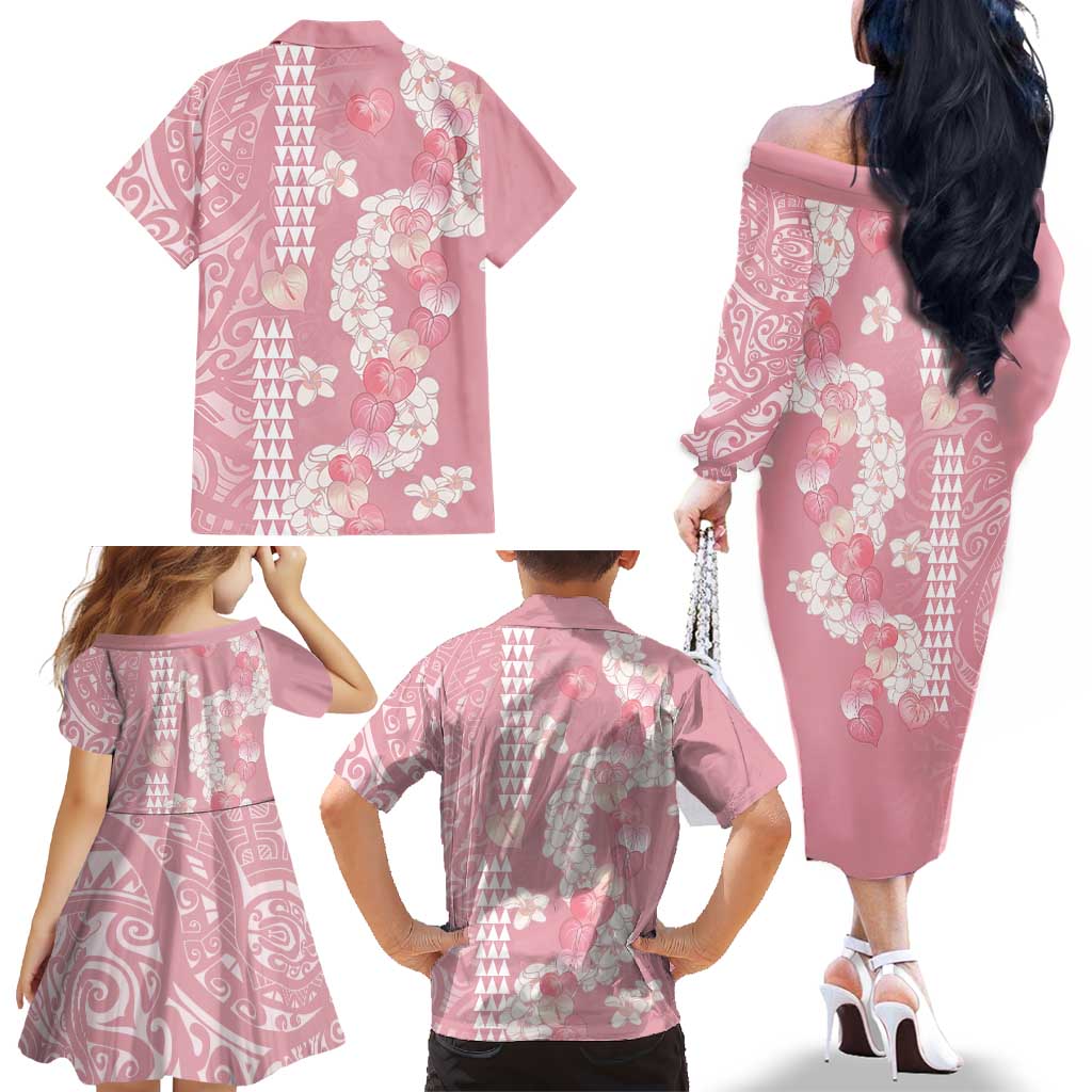 Soft Pink Hawaii Anthurium Plumeria Lei Family Matching Off The Shoulder Long Sleeve Dress and Hawaiian Shirt LT9 - Polynesian Pride