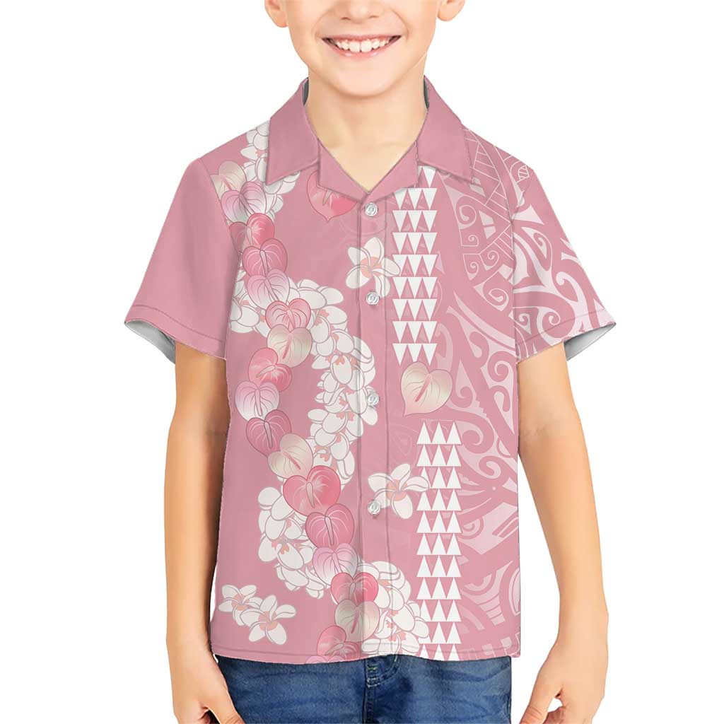 Soft Pink Hawaii Anthurium Plumeria Lei Family Matching Off The Shoulder Long Sleeve Dress and Hawaiian Shirt LT9 Son's Shirt Pink - Polynesian Pride