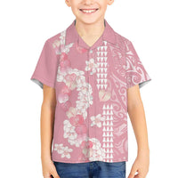 Soft Pink Hawaii Anthurium Plumeria Lei Family Matching Off The Shoulder Long Sleeve Dress and Hawaiian Shirt LT9 Son's Shirt Pink - Polynesian Pride