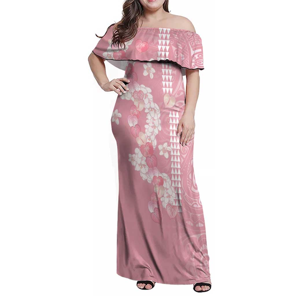 Soft Pink Hawaii Anthurium Plumeria Lei Family Matching Off Shoulder Maxi Dress and Hawaiian Shirt