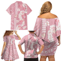 Soft Pink Hawaii Anthurium Plumeria Lei Family Matching Off Shoulder Short Dress and Hawaiian Shirt