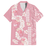 Soft Pink Hawaii Anthurium Plumeria Lei Family Matching Off Shoulder Short Dress and Hawaiian Shirt