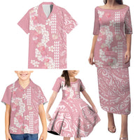 Soft Pink Hawaii Anthurium Plumeria Lei Family Matching Puletasi and Hawaiian Shirt