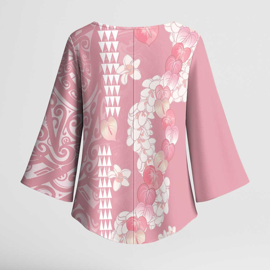 Soft Pink Hawaii Anthurium Plumeria Lei Kimono Sleeve Blouse
