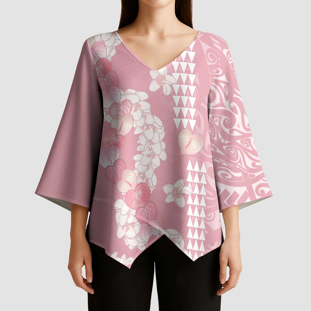 Soft Pink Hawaii Anthurium Plumeria Lei Kimono Sleeve Blouse