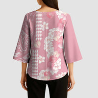 Soft Pink Hawaii Anthurium Plumeria Lei Kimono Sleeve Blouse