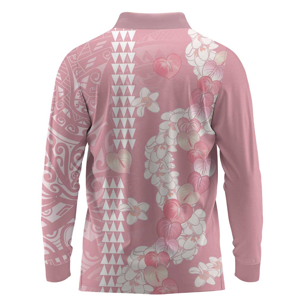 Soft Pink Hawaii Anthurium Plumeria Lei Long Sleeve Polo Shirt