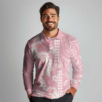 Soft Pink Hawaii Anthurium Plumeria Lei Long Sleeve Polo Shirt