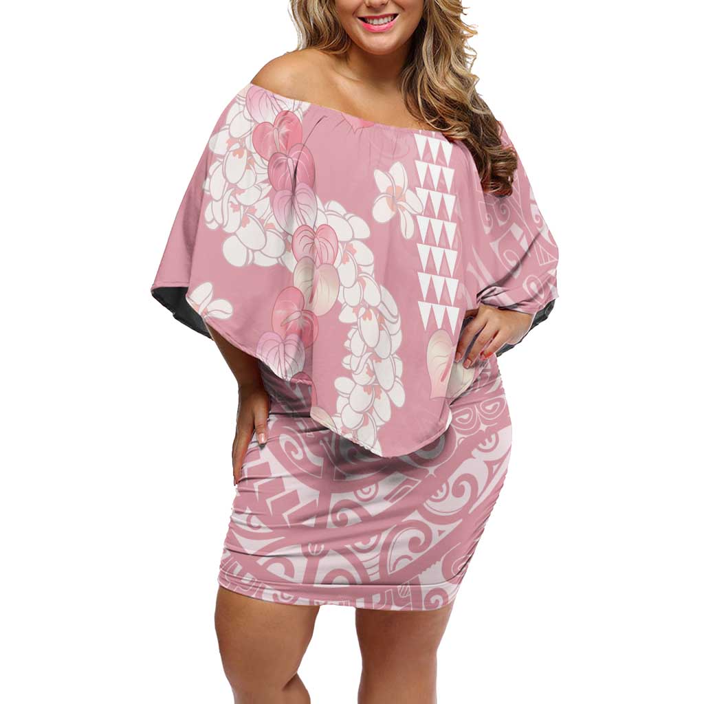 Soft Pink Hawaii Anthurium Plumeria Lei Off Shoulder Short Dress