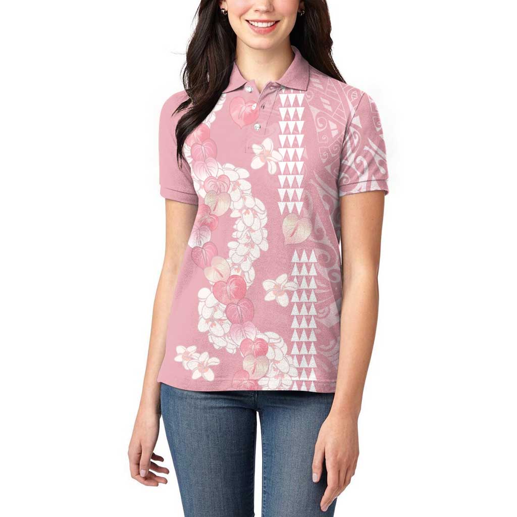 Soft Pink Hawaii Anthurium Plumeria Lei Women Polo Shirt