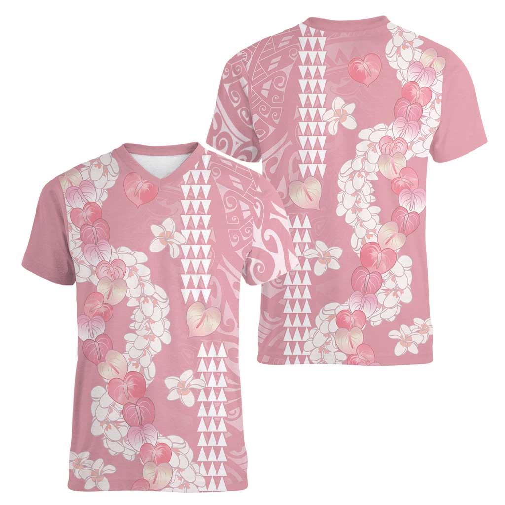 Soft Pink Hawaii Anthurium Plumeria Lei Women V-Neck T-Shirt