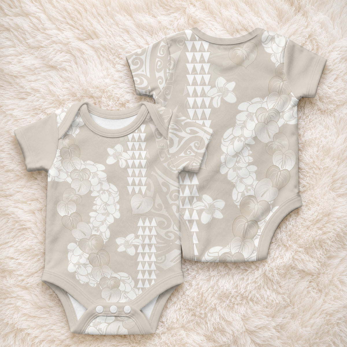 Suede Beige Hawaii Anthurium Plumeria Lei Baby Onesie LT9 - Polynesian Pride