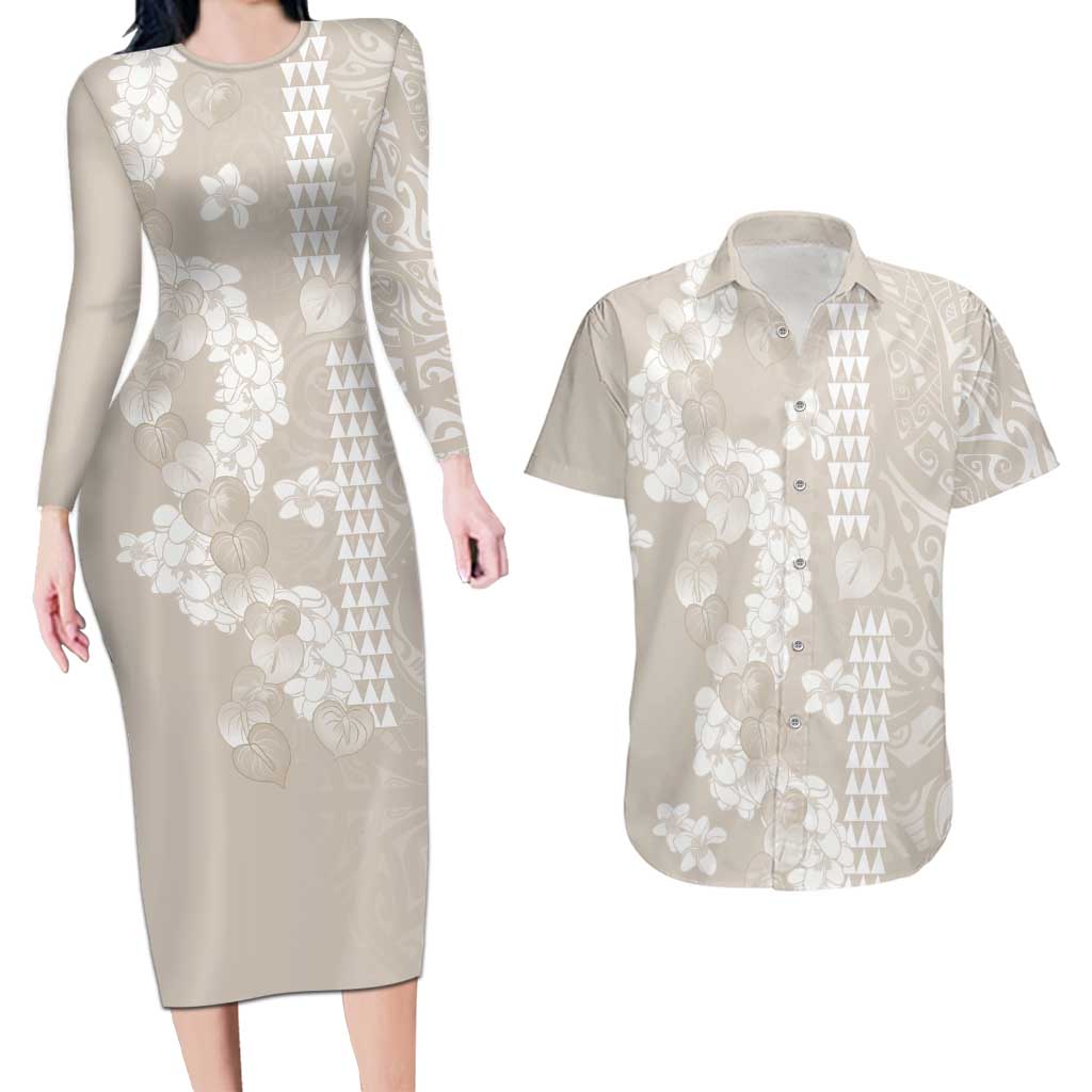 Suede Beige Hawaii Anthurium Plumeria Lei Couples Matching Long Sleeve Bodycon Dress and Hawaiian Shirt