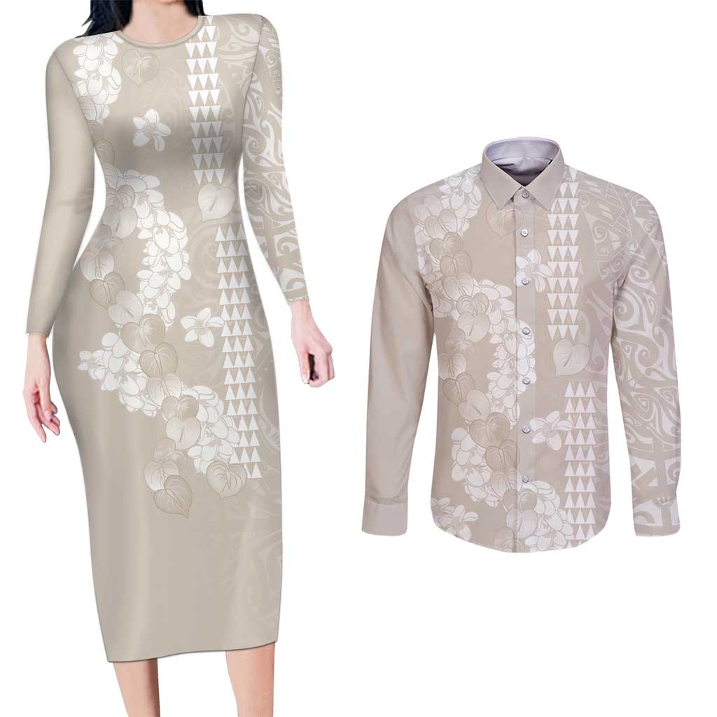 Suede Beige Hawaii Anthurium Plumeria Lei Couples Matching Long Sleeve Bodycon Dress and Long Sleeve Button Shirt