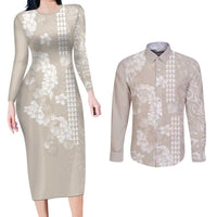 Suede Beige Hawaii Anthurium Plumeria Lei Couples Matching Long Sleeve Bodycon Dress and Long Sleeve Button Shirt