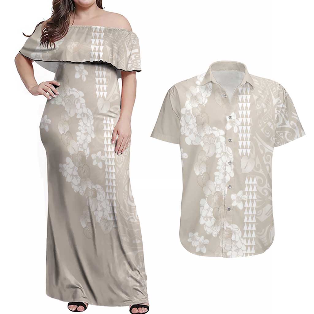 Suede Beige Hawaii Anthurium Plumeria Lei Couples Matching Off Shoulder Maxi Dress and Hawaiian Shirt