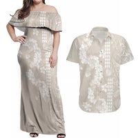 Suede Beige Hawaii Anthurium Plumeria Lei Couples Matching Off Shoulder Maxi Dress and Hawaiian Shirt
