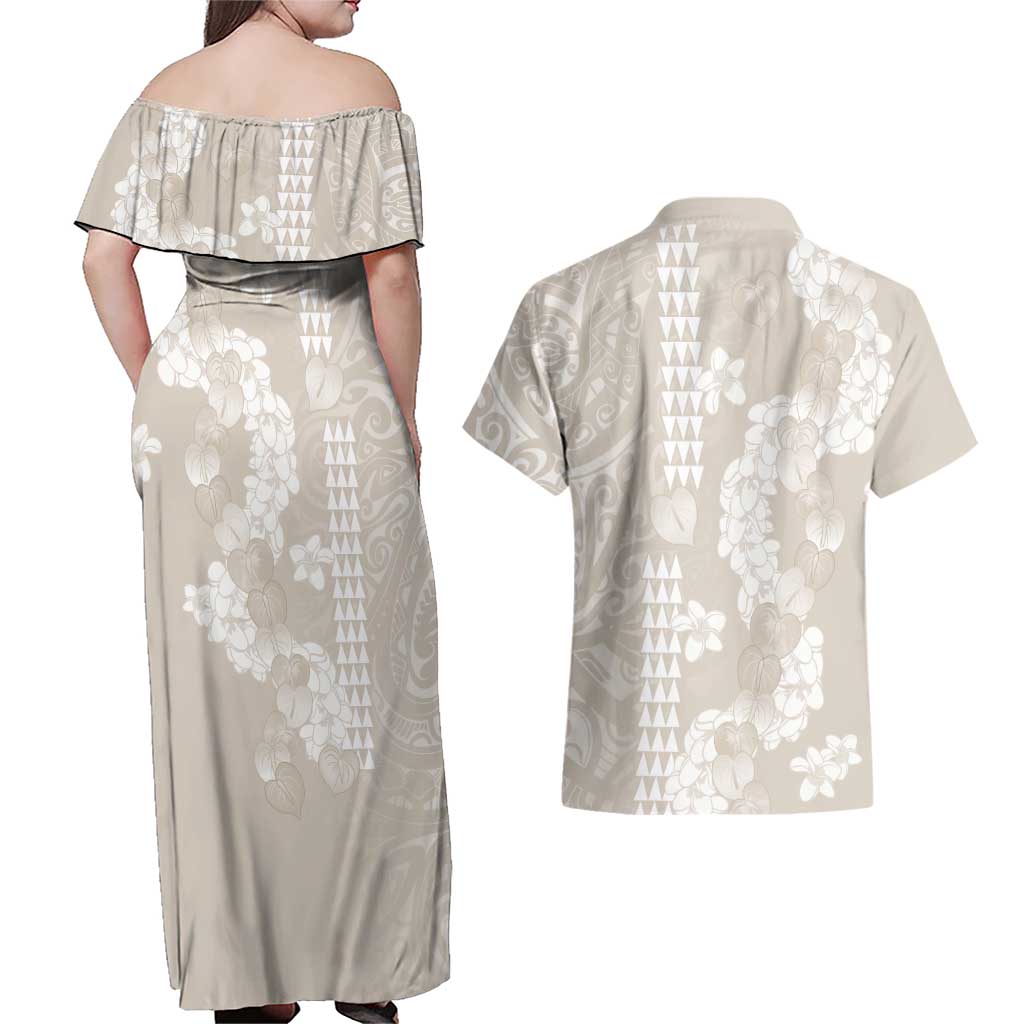 Suede Beige Hawaii Anthurium Plumeria Lei Couples Matching Off Shoulder Maxi Dress and Hawaiian Shirt
