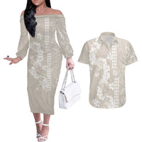 Suede Beige Hawaii Anthurium Plumeria Lei Couples Matching Off The Shoulder Long Sleeve Dress and Hawaiian Shirt