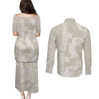 Suede Beige Hawaii Anthurium Plumeria Lei Couples Matching Puletasi and Long Sleeve Button Shirt