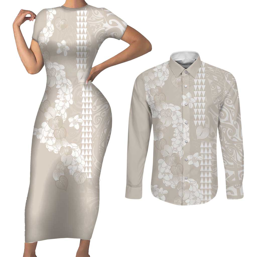 Suede Beige Hawaii Anthurium Plumeria Lei Couples Matching Short Sleeve Bodycon Dress and Long Sleeve Button Shirt