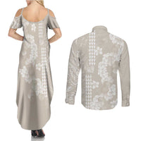 Suede Beige Hawaii Anthurium Plumeria Lei Couples Matching Summer Maxi Dress and Long Sleeve Button Shirt