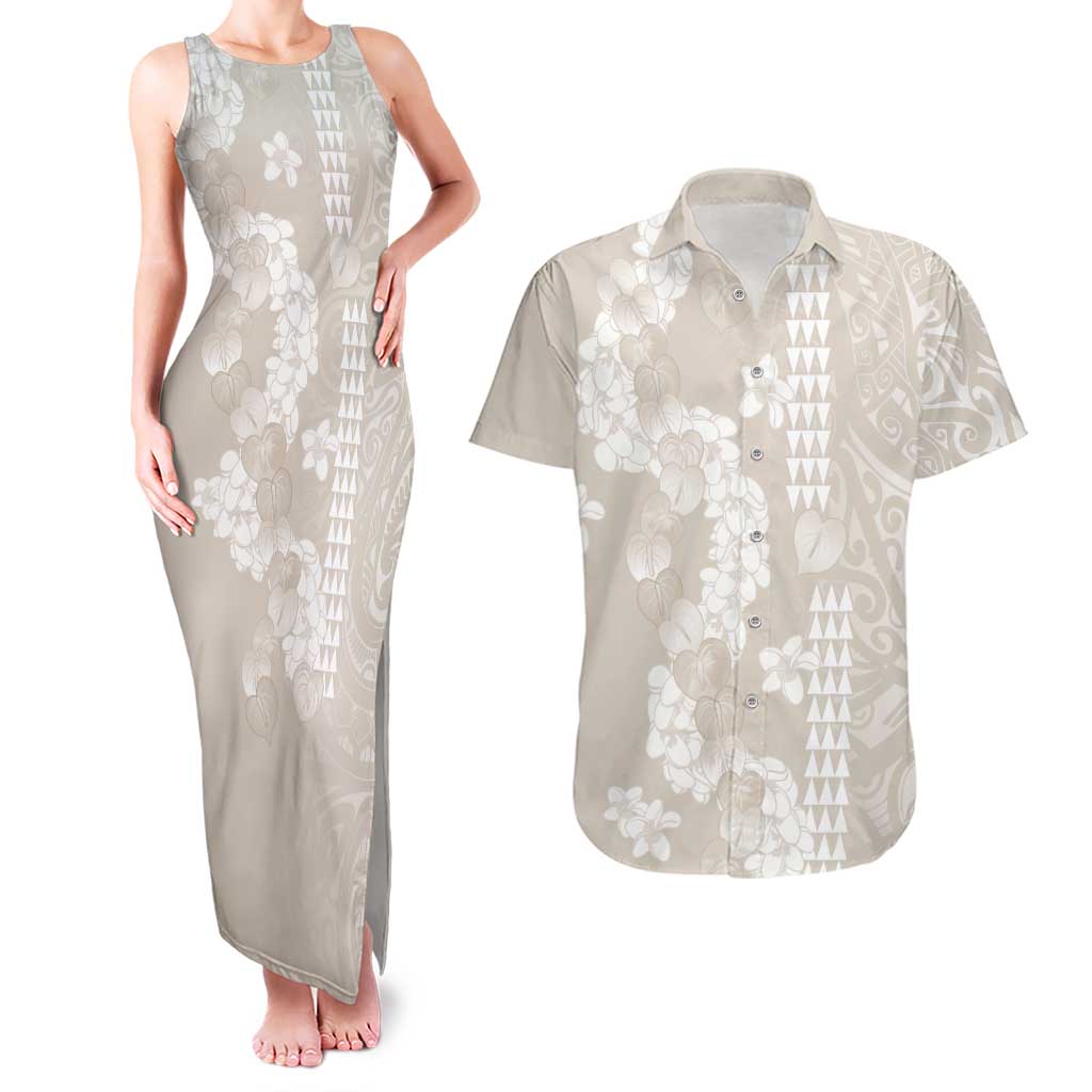 Suede Beige Hawaii Anthurium Plumeria Lei Couples Matching Tank Maxi Dress and Hawaiian Shirt