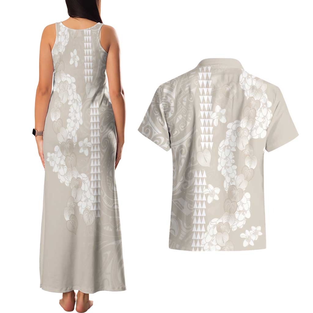 Suede Beige Hawaii Anthurium Plumeria Lei Couples Matching Tank Maxi Dress and Hawaiian Shirt