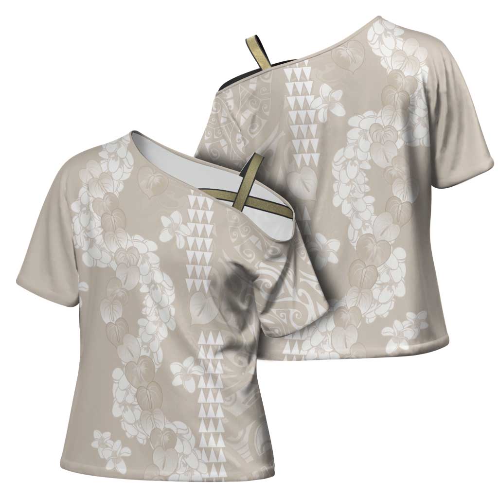 Suede Beige Hawaii Anthurium Plumeria Lei Cross Shoulder Shirt