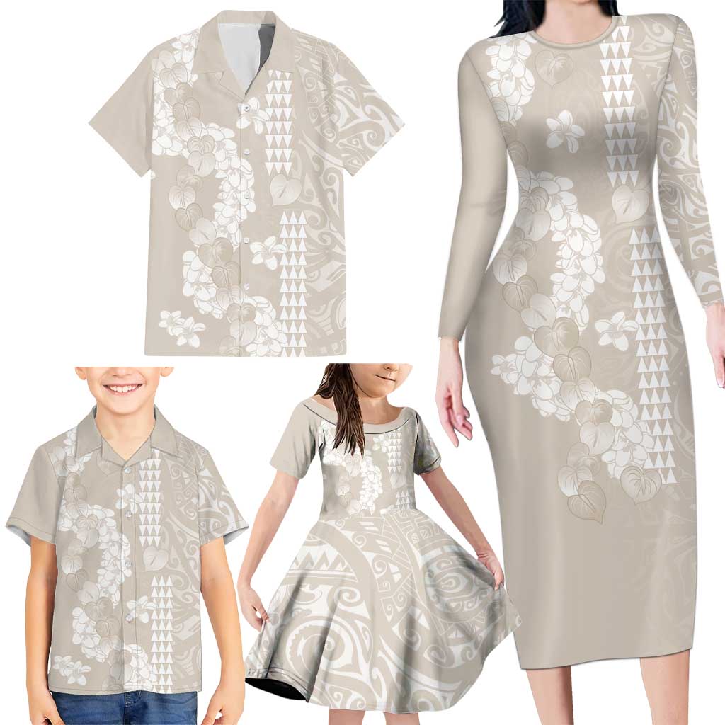 Suede Beige Hawaii Anthurium Plumeria Lei Family Matching Long Sleeve Bodycon Dress and Hawaiian Shirt LT9 - Polynesian Pride