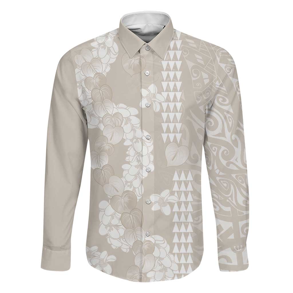Suede Beige Hawaii Anthurium Plumeria Lei Family Matching Long Sleeve Bodycon Dress and Hawaiian Shirt LT9 Dad's Shirt - Long Sleeve Beige - Polynesian Pride