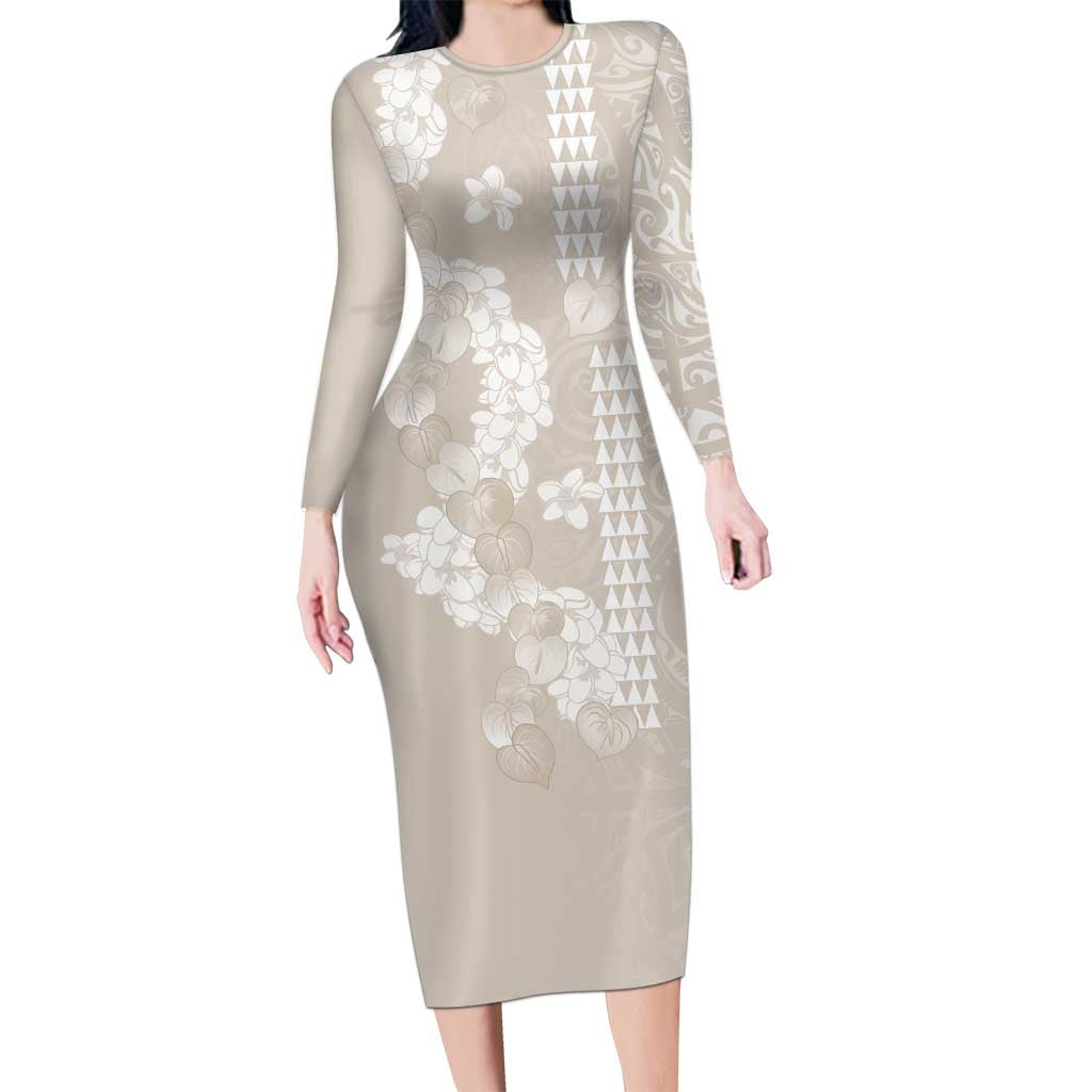 Suede Beige Hawaii Anthurium Plumeria Lei Family Matching Long Sleeve Bodycon Dress and Hawaiian Shirt LT9 Mom's Dress Beige - Polynesian Pride