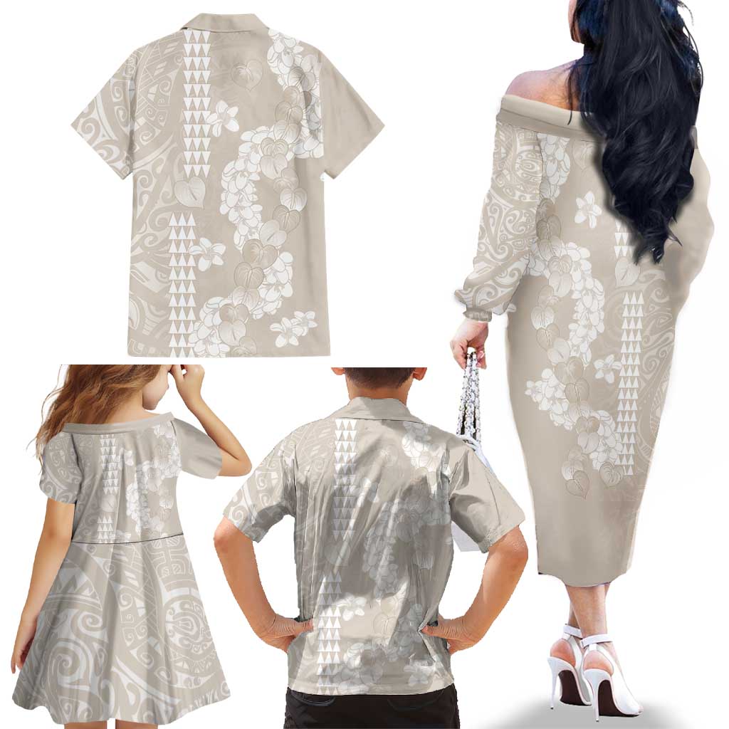 Suede Beige Hawaii Anthurium Plumeria Lei Family Matching Off The Shoulder Long Sleeve Dress and Hawaiian Shirt LT9 - Polynesian Pride