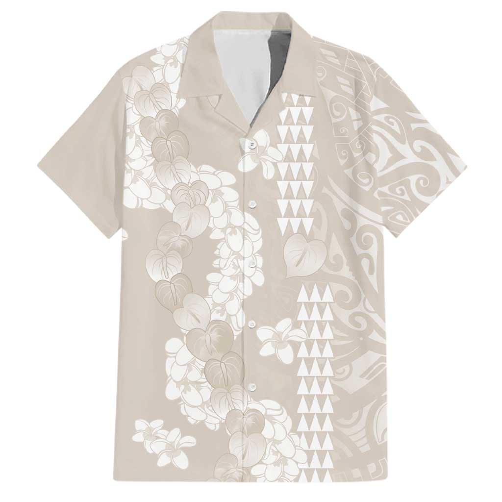 Suede Beige Hawaii Anthurium Plumeria Lei Family Matching Off The Shoulder Long Sleeve Dress and Hawaiian Shirt LT9 Dad's Shirt - Short Sleeve Beige - Polynesian Pride