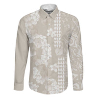Suede Beige Hawaii Anthurium Plumeria Lei Family Matching Off The Shoulder Long Sleeve Dress and Hawaiian Shirt LT9 Dad's Shirt - Long Sleeve Beige - Polynesian Pride