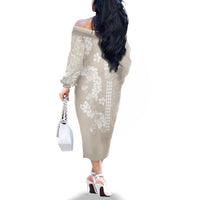 Suede Beige Hawaii Anthurium Plumeria Lei Family Matching Off The Shoulder Long Sleeve Dress and Hawaiian Shirt LT9 - Polynesian Pride