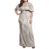 Suede Beige Hawaii Anthurium Plumeria Lei Family Matching Off Shoulder Maxi Dress and Hawaiian Shirt LT9 Mom's Dress Beige - Polynesian Pride