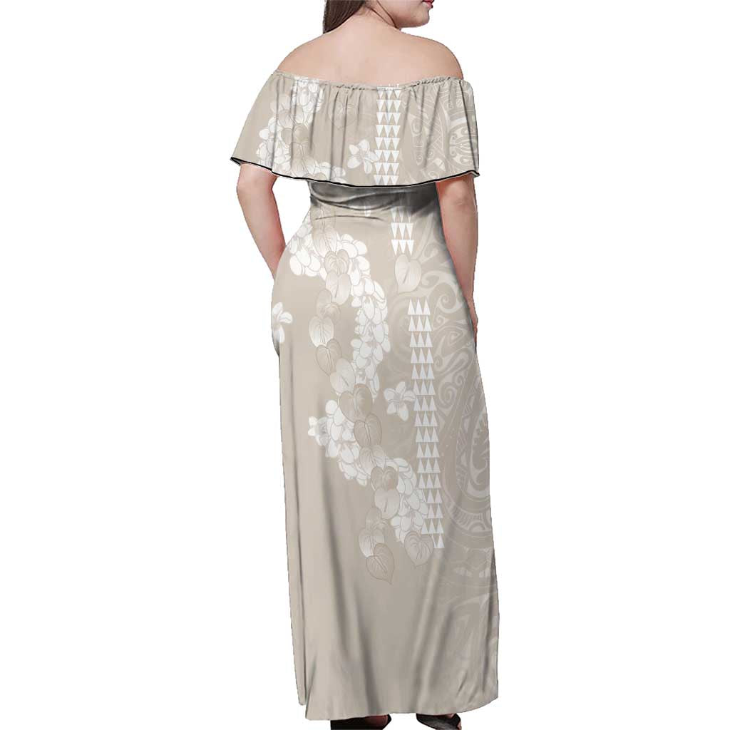 Suede Beige Hawaii Anthurium Plumeria Lei Family Matching Off Shoulder Maxi Dress and Hawaiian Shirt LT9 - Polynesian Pride