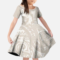 Suede Beige Hawaii Anthurium Plumeria Lei Family Matching Off Shoulder Short Dress and Hawaiian Shirt LT9 Daughter's Dress Beige - Polynesian Pride