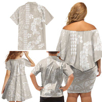 Suede Beige Hawaii Anthurium Plumeria Lei Family Matching Off Shoulder Short Dress and Hawaiian Shirt LT9 - Polynesian Pride