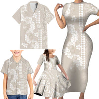 Suede Beige Hawaii Anthurium Plumeria Lei Family Matching Short Sleeve Bodycon Dress and Hawaiian Shirt LT9 - Polynesian Pride