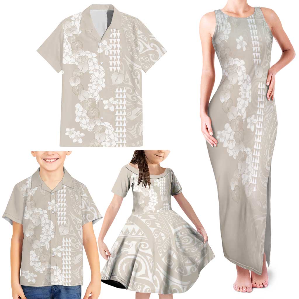 Suede Beige Hawaii Anthurium Plumeria Lei Family Matching Tank Maxi Dress and Hawaiian Shirt