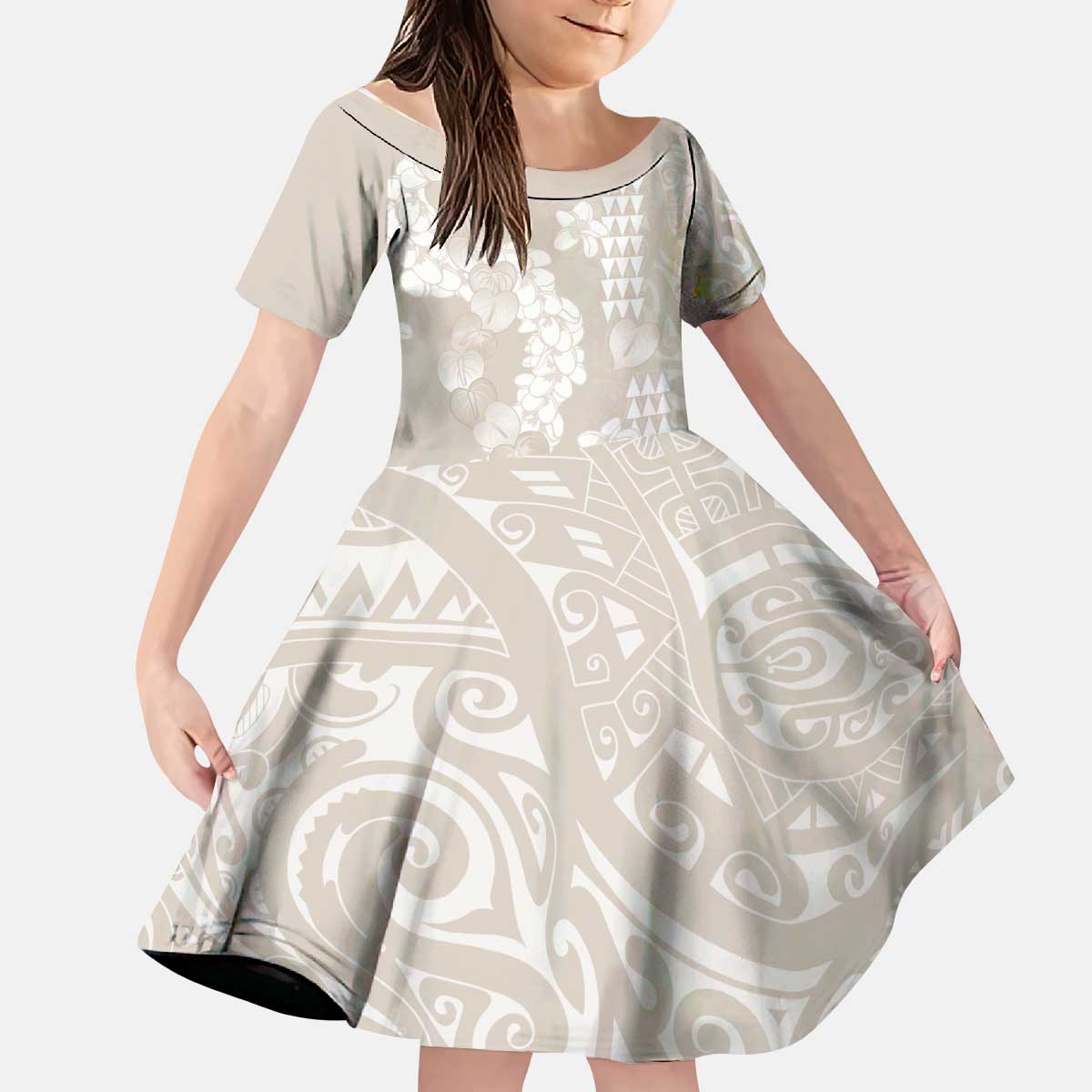 Suede Beige Hawaii Anthurium Plumeria Lei Kid Short Sleeve Dress
