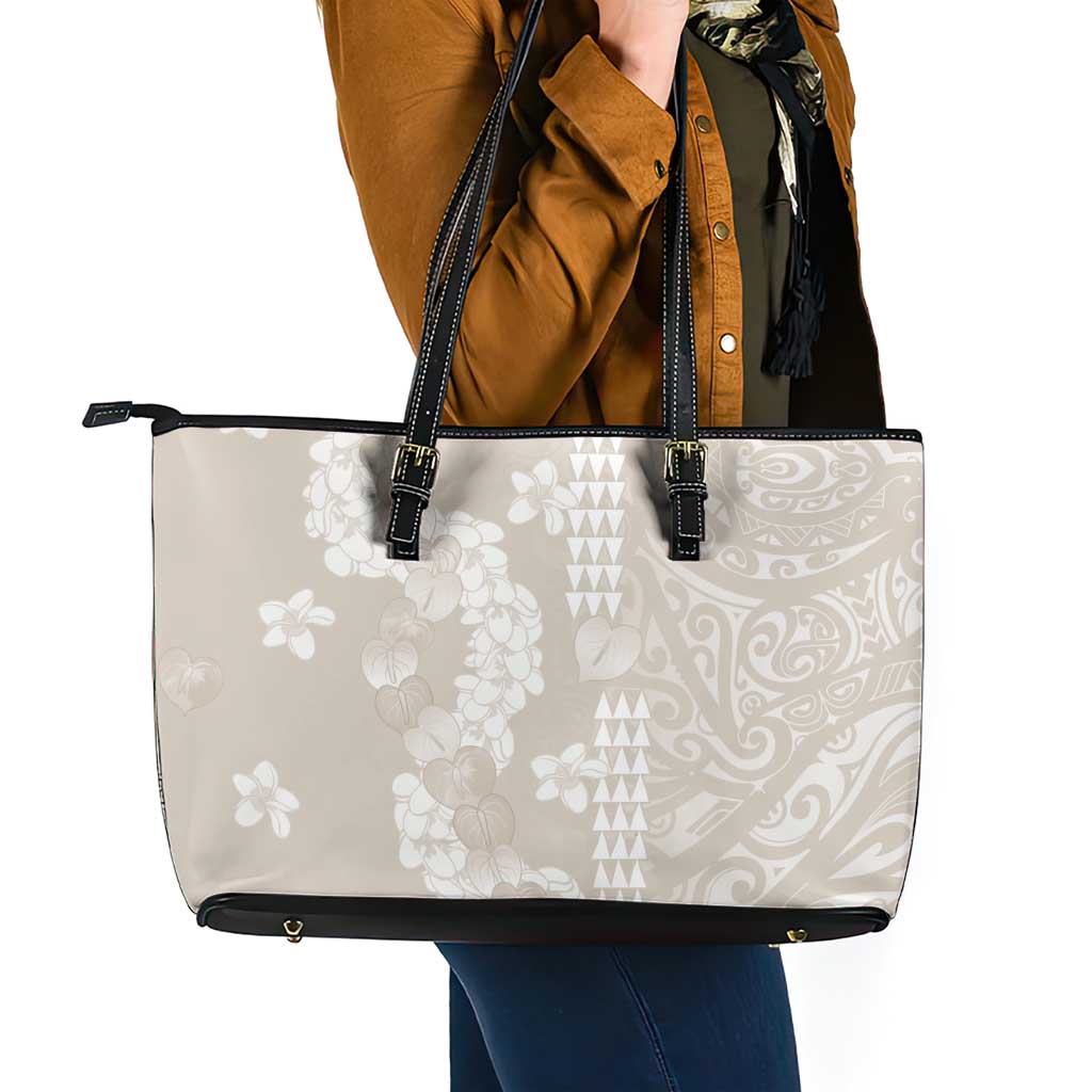 Suede Beige Hawaii Anthurium Plumeria Lei Leather Tote Bag