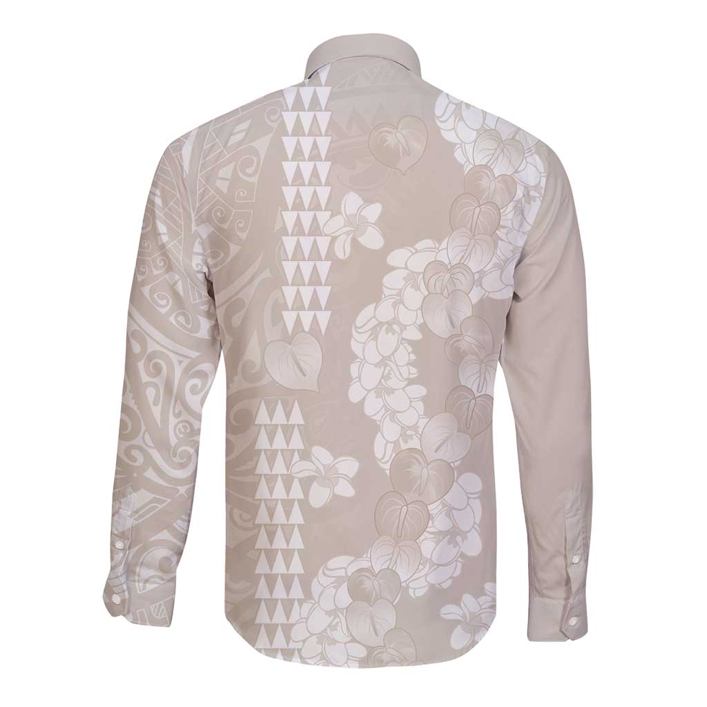 Suede Beige Hawaii Anthurium Plumeria Lei Long Sleeve Button Shirt