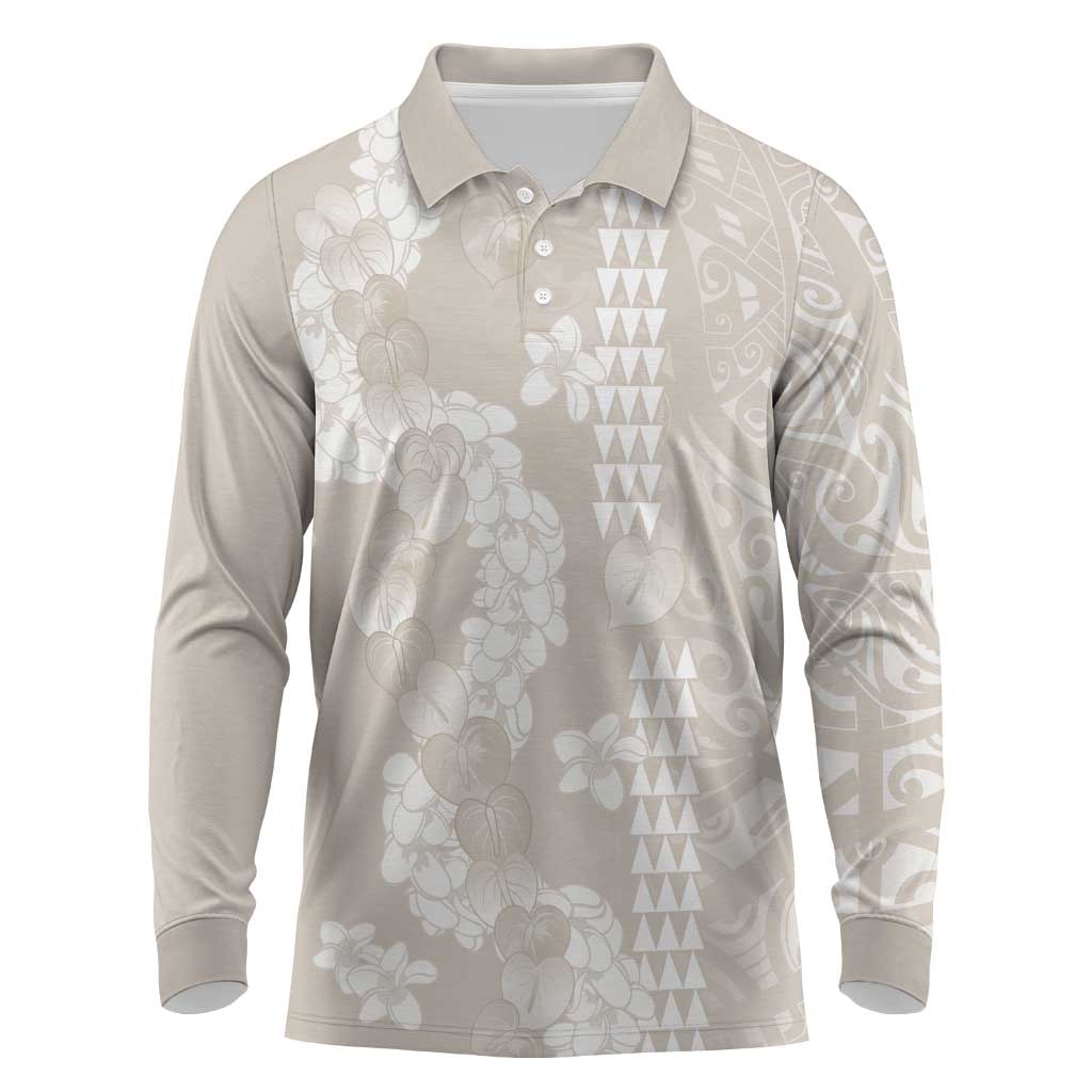 Suede Beige Hawaii Anthurium Plumeria Lei Long Sleeve Polo Shirt