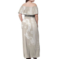 Suede Beige Hawaii Anthurium Plumeria Lei Off Shoulder Maxi Dress