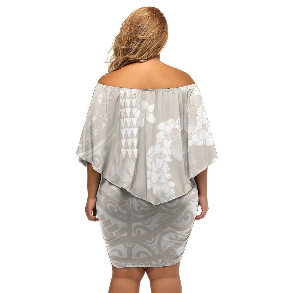Suede Beige Hawaii Anthurium Plumeria Lei Off Shoulder Short Dress